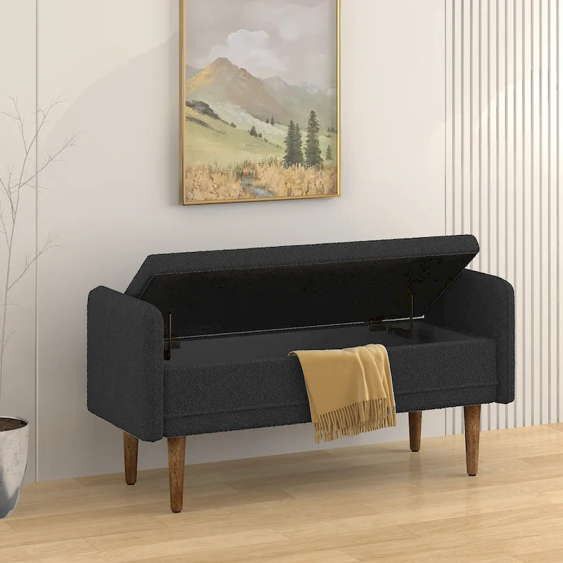 Teddy Velvet Storage Ottoman Bench with Eucalyptus Frame