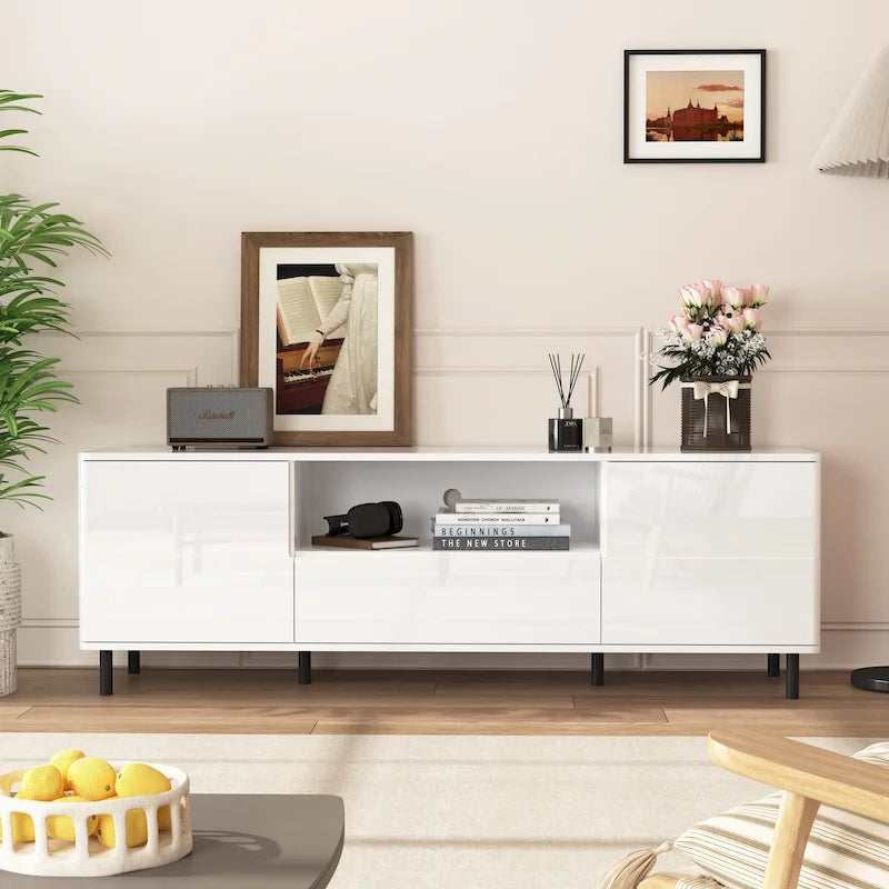 High-Gloss White TV Console with Open and Closed Storage