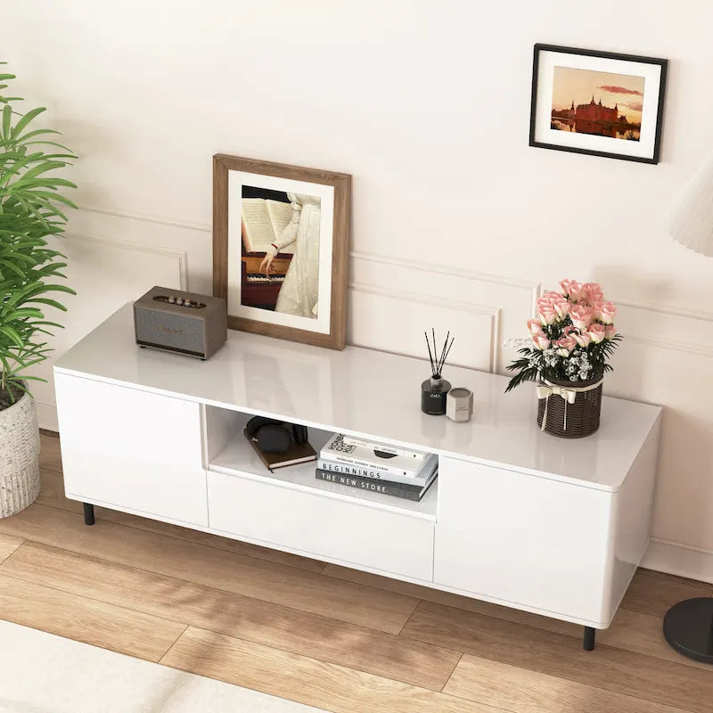 High-Gloss White TV Console with Open and Closed Storage
