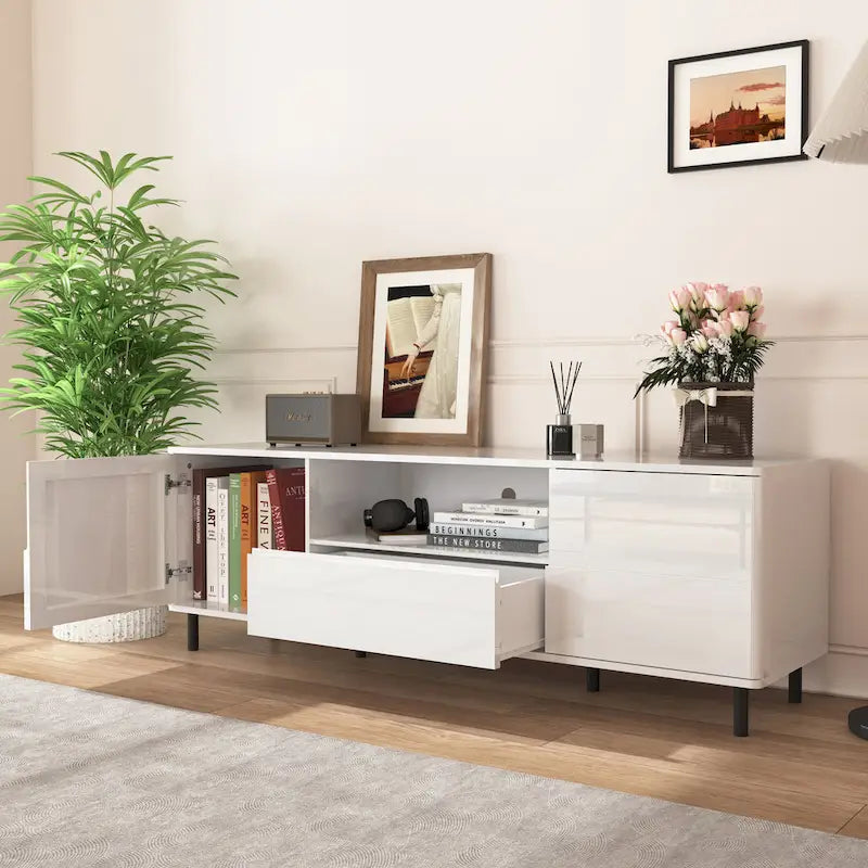 High-Gloss White TV Console with Open and Closed Storage