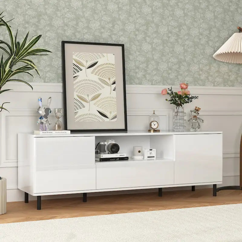High-Gloss White TV Console with Open and Closed Storage