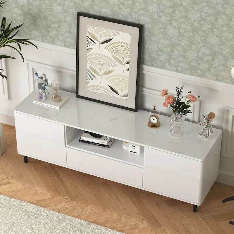 High-Gloss White TV Console with Open and Closed Storage