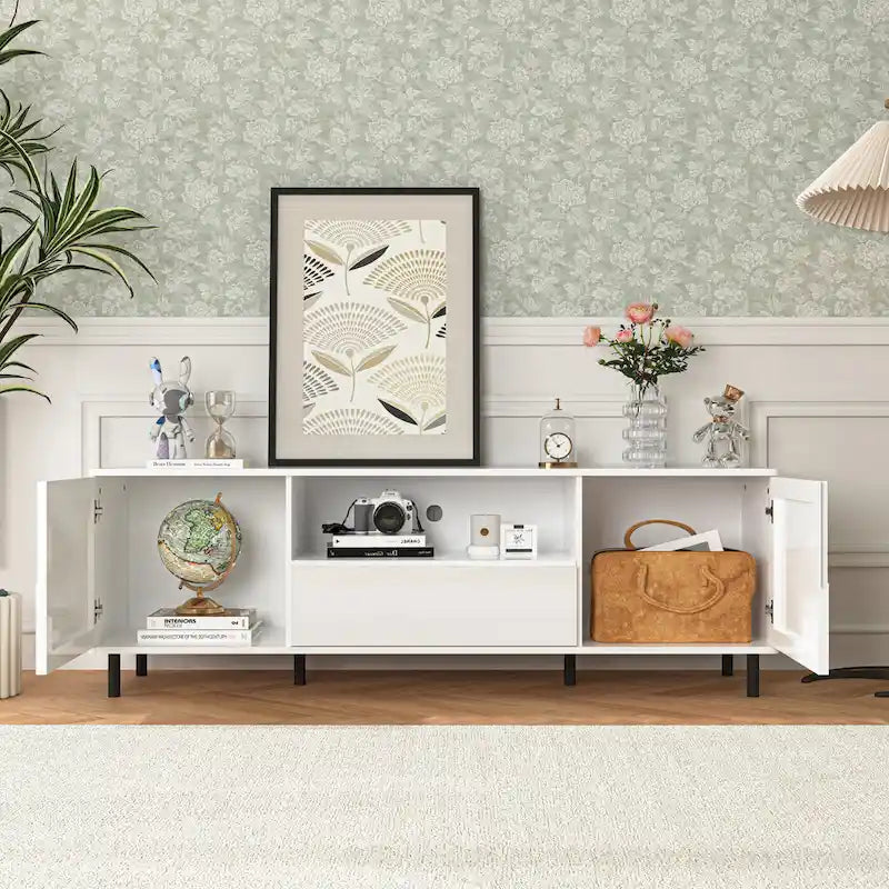 High-Gloss White TV Console with Open and Closed Storage