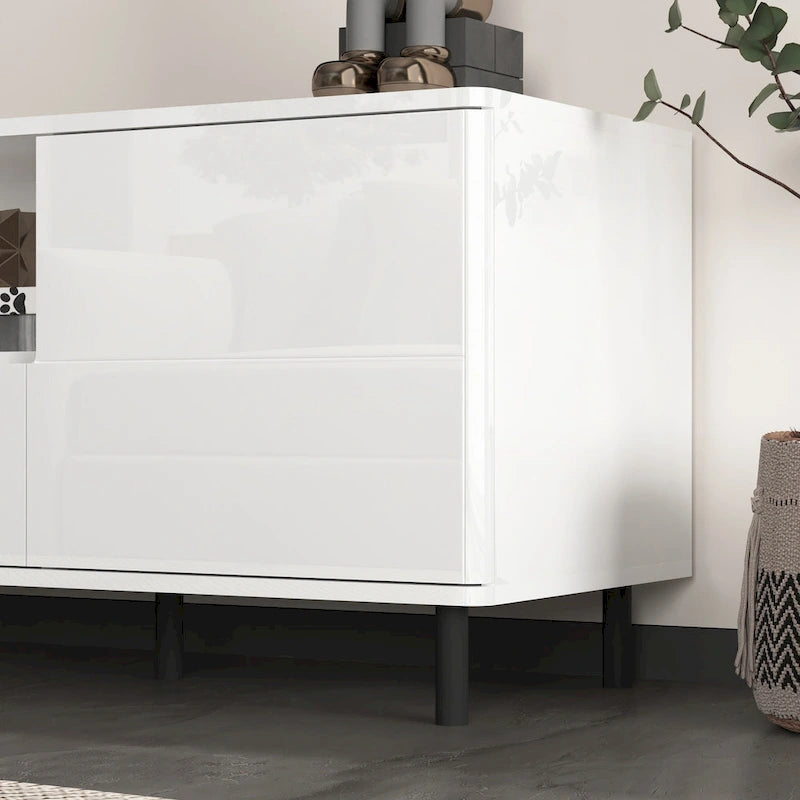 High-Gloss White TV Console with Open and Closed Storage