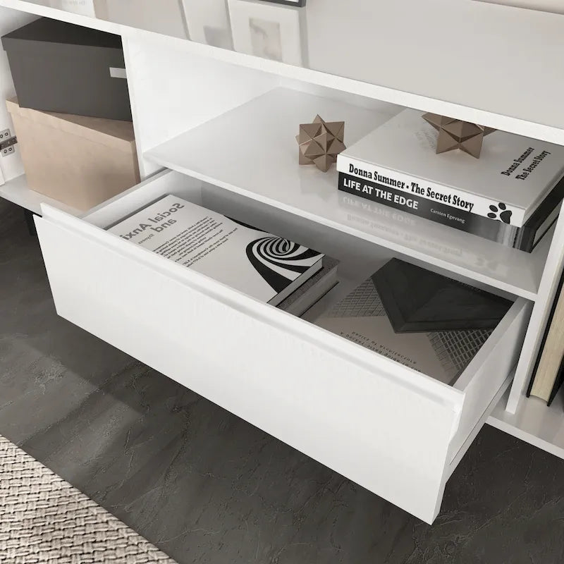 High-Gloss White TV Console with Open and Closed Storage