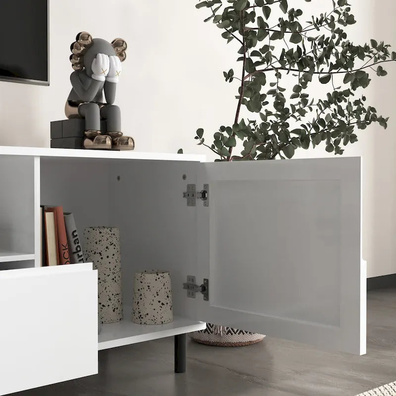 High-Gloss White TV Console with Open and Closed Storage