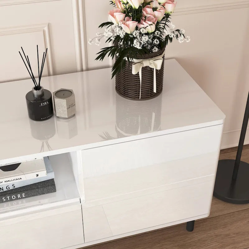 High-Gloss White TV Console with Open and Closed Storage