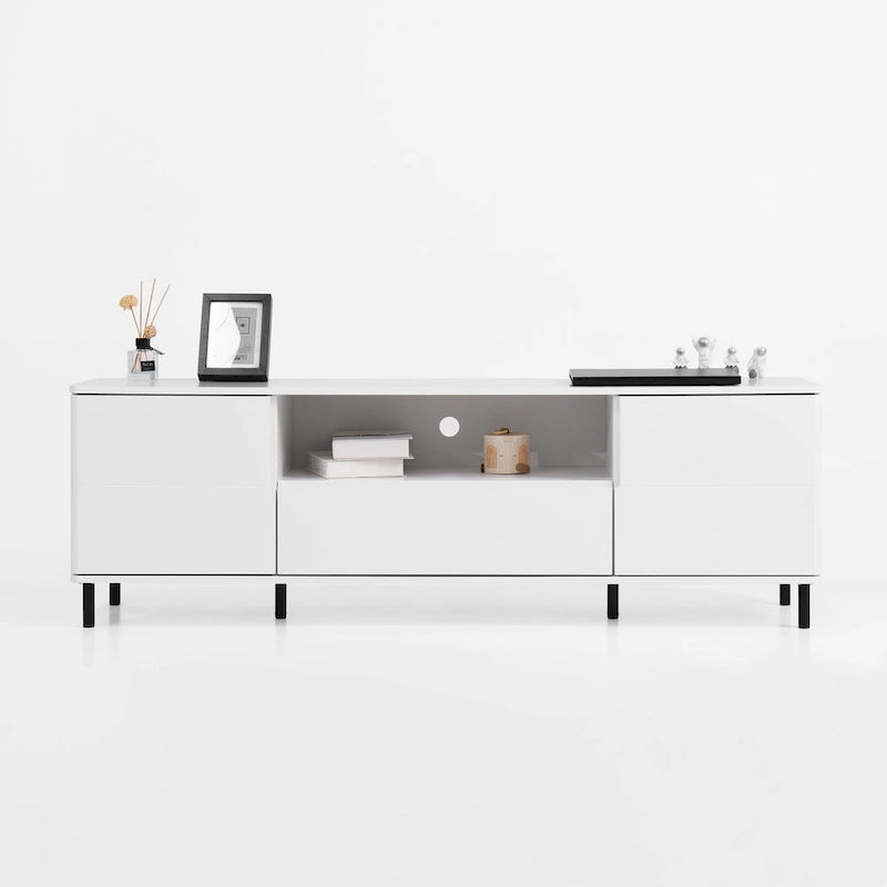 High-Gloss White TV Console with Open and Closed Storage