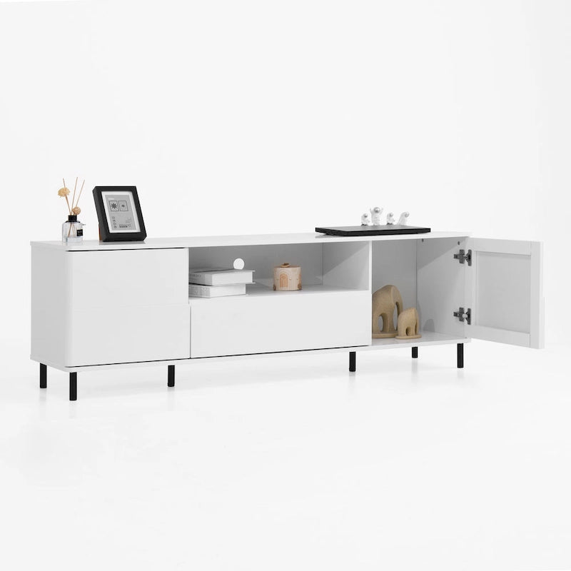 High-Gloss White TV Console with Open and Closed Storage