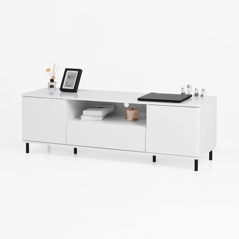High-Gloss White TV Console with Open and Closed Storage
