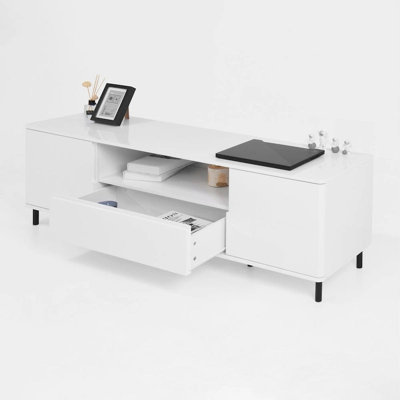 High-Gloss White TV Console with Open and Closed Storage