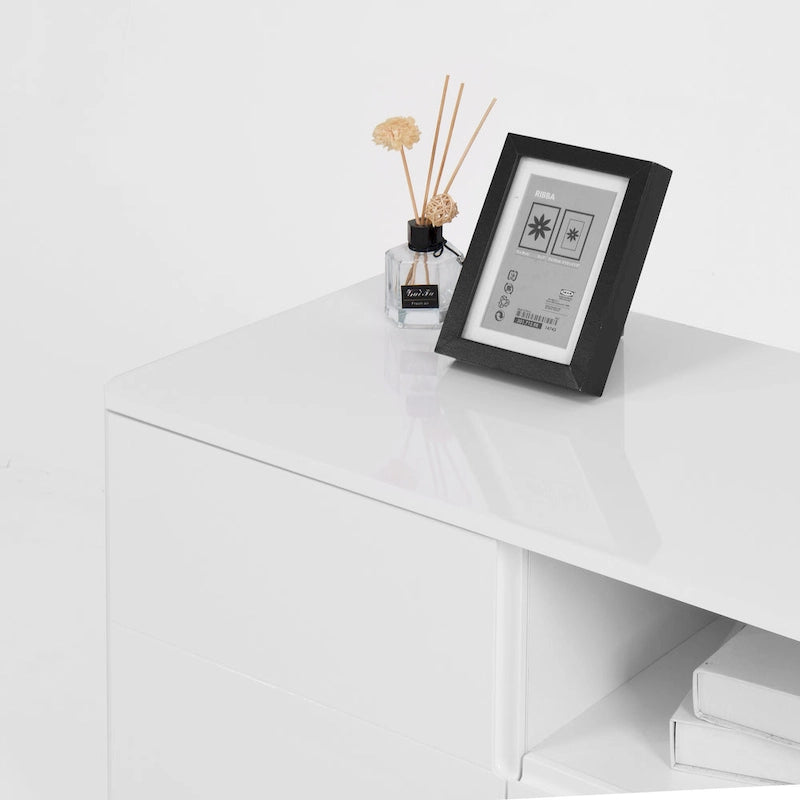 High-Gloss White TV Console with Open and Closed Storage