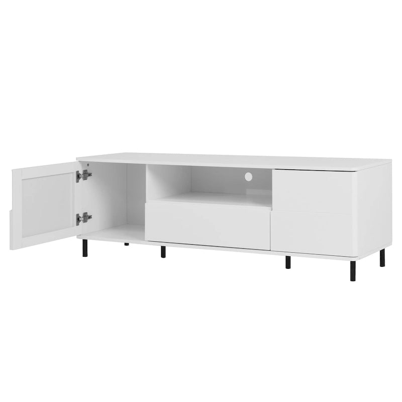 High-Gloss White TV Console with Open and Closed Storage