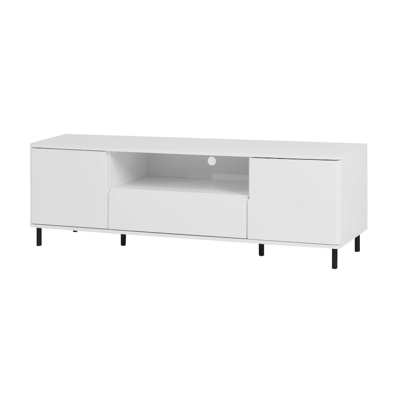 High-Gloss White TV Console with Open and Closed Storage