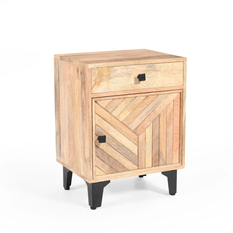 Handcrafted Solid Mango Wood Nightstand with Carved Detail & Drawer