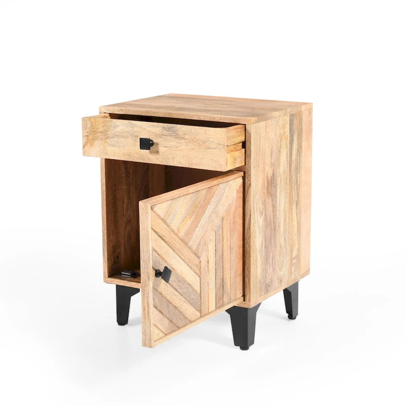 Handcrafted Solid Mango Wood Nightstand with Carved Detail & Drawer