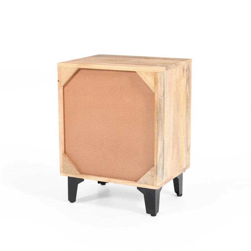 Handcrafted Solid Mango Wood Nightstand with Carved Detail & Drawer