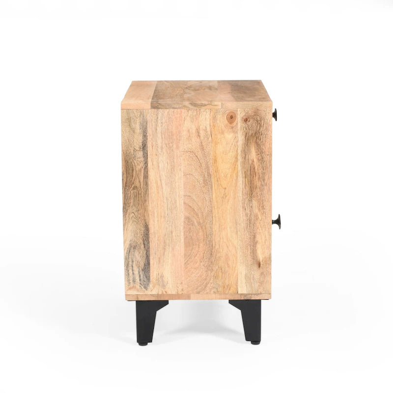 Handcrafted Solid Mango Wood Nightstand with Carved Detail & Drawer