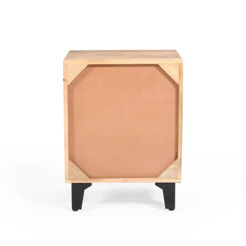 Handcrafted Solid Mango Wood Nightstand with Carved Detail & Drawer