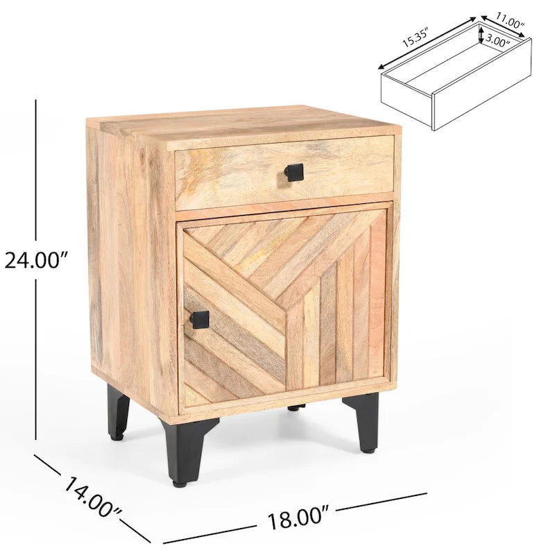 Handcrafted Solid Mango Wood Nightstand with Carved Detail & Drawer