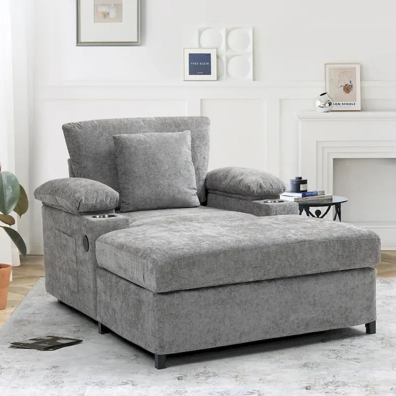 Oversized Chenille Convertible Chair Bed with Ottoman, Storage and USB Charging