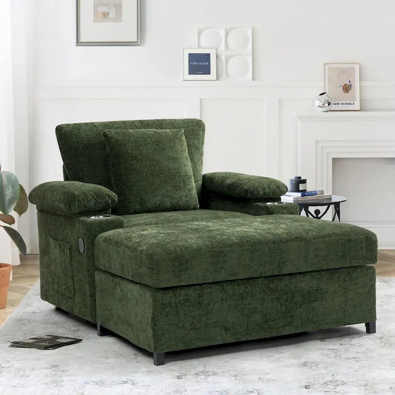 Oversized Chenille Convertible Chair Bed with Ottoman, Storage and USB Charging
