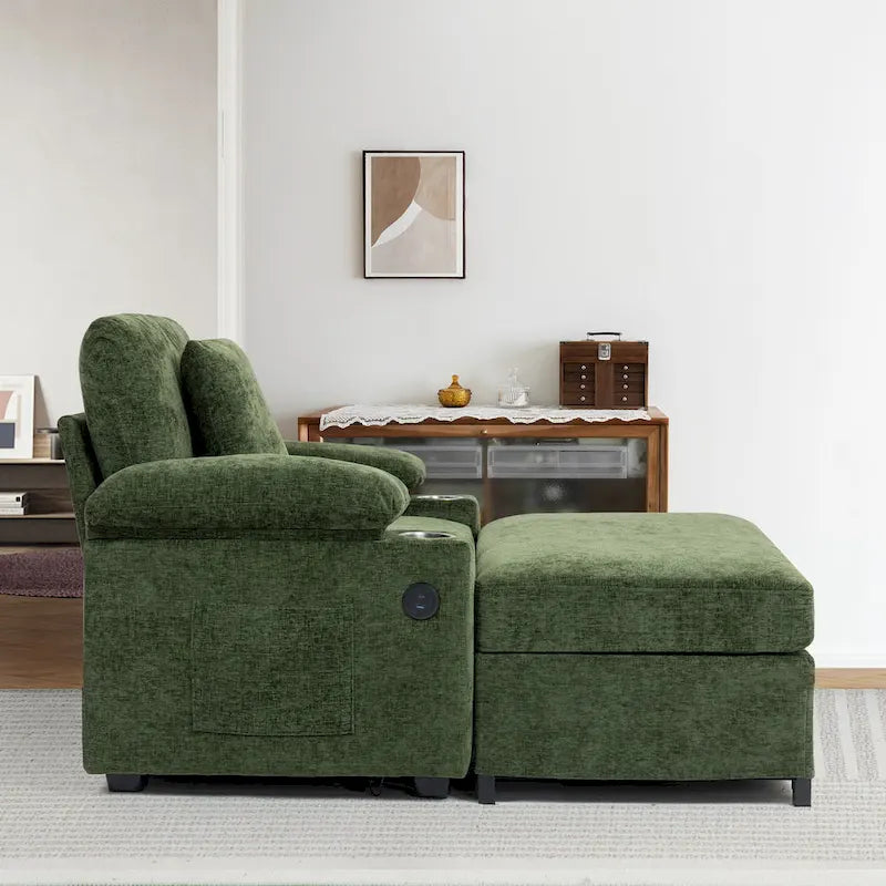 Oversized Chenille Convertible Chair Bed with Ottoman, Storage and USB Charging