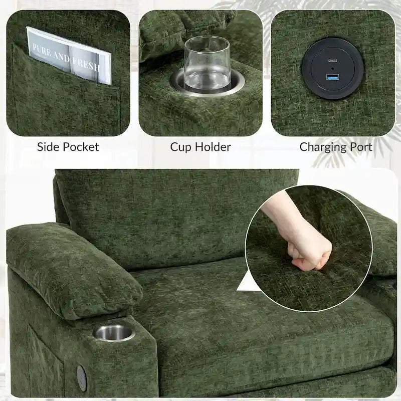 Oversized Chenille Convertible Chair Bed with Ottoman, Storage and USB Charging