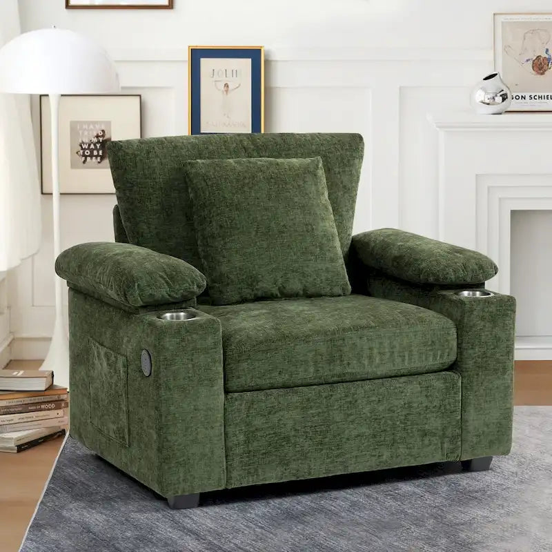 Oversized Chenille Convertible Chair Bed with Ottoman, Storage and USB Charging