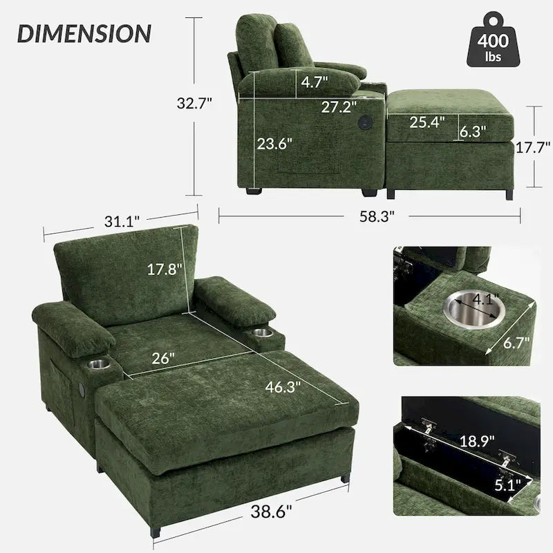 Oversized Chenille Convertible Chair Bed with Ottoman, Storage and USB Charging