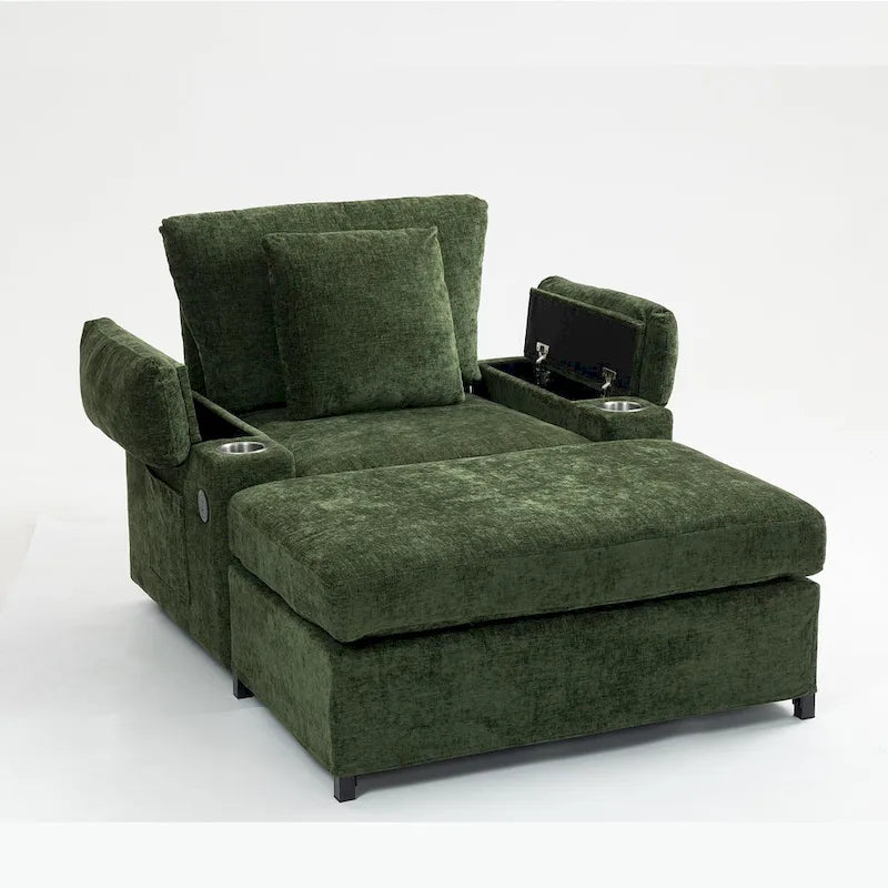 Oversized Chenille Convertible Chair Bed with Ottoman, Storage and USB Charging