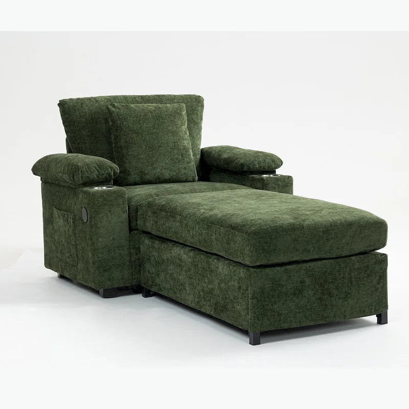 Oversized Chenille Convertible Chair Bed with Ottoman, Storage and USB Charging