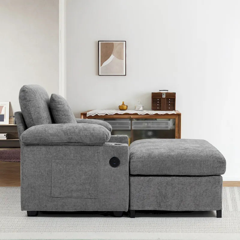 Oversized Chenille Convertible Chair Bed with Ottoman, Storage and USB Charging