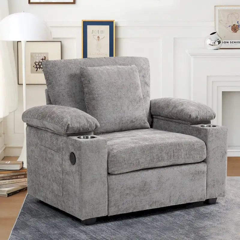 Oversized Chenille Convertible Chair Bed with Ottoman, Storage and USB Charging