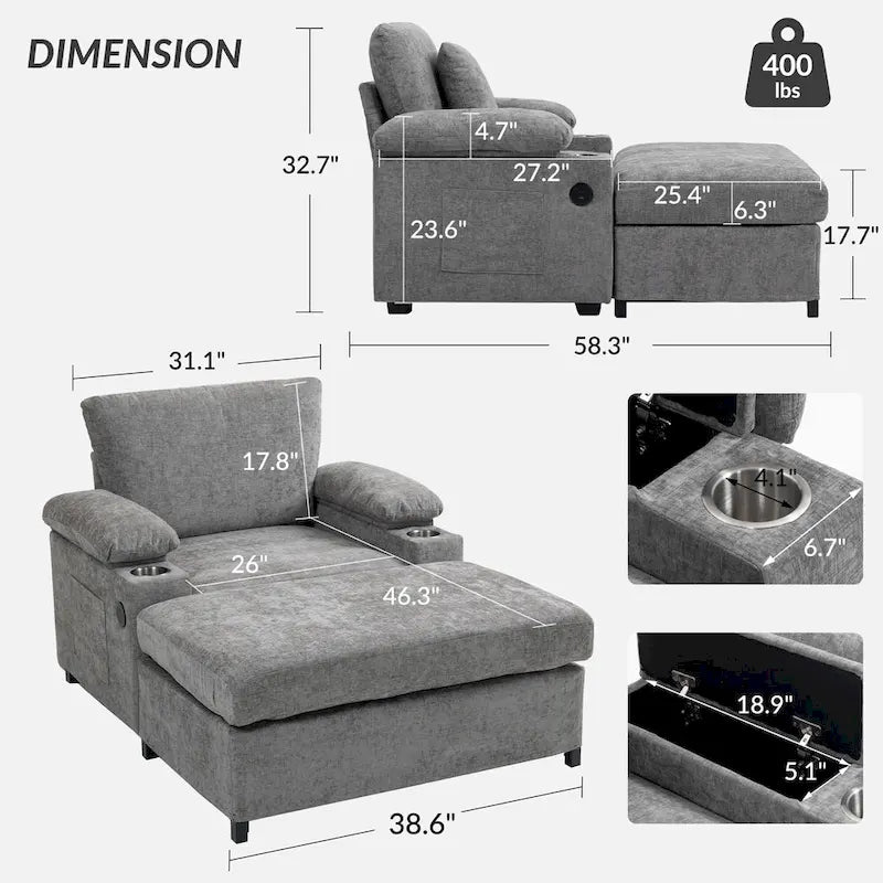 Oversized Chenille Convertible Chair Bed with Ottoman, Storage and USB Charging