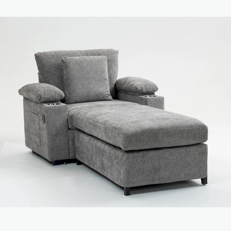 Oversized Chenille Convertible Chair Bed with Ottoman, Storage and USB Charging