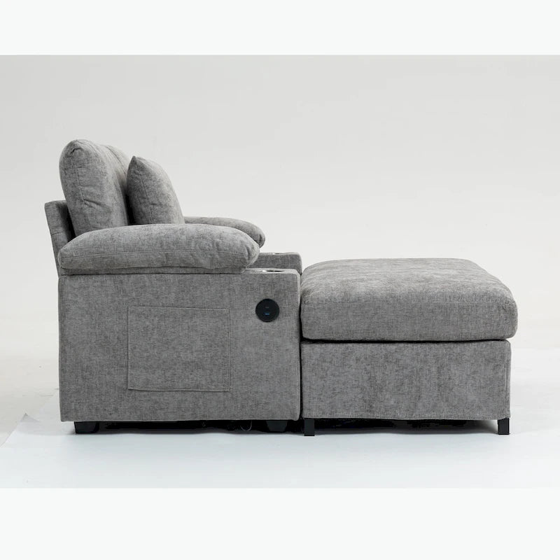 Oversized Chenille Convertible Chair Bed with Ottoman, Storage and USB Charging