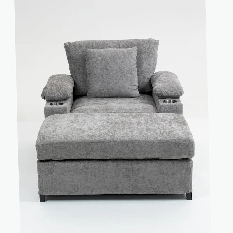 Oversized Chenille Convertible Chair Bed with Ottoman, Storage and USB Charging