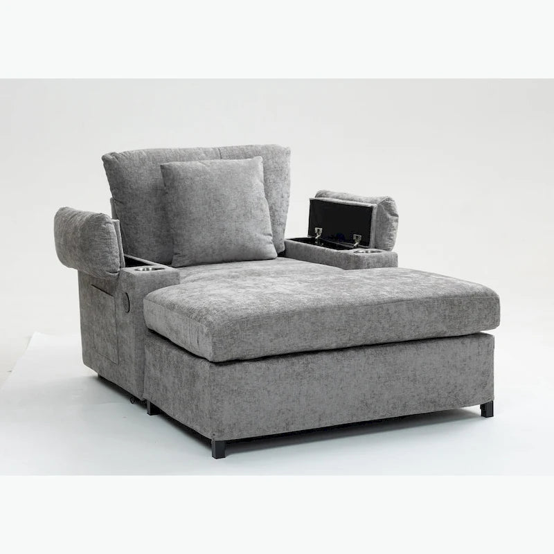 Oversized Chenille Convertible Chair Bed with Ottoman, Storage and USB Charging