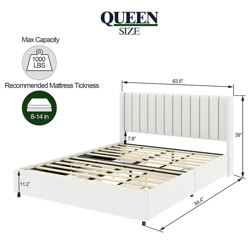 Ivory Boucle Upholstered Platform Bed with 4-Drawer Storage