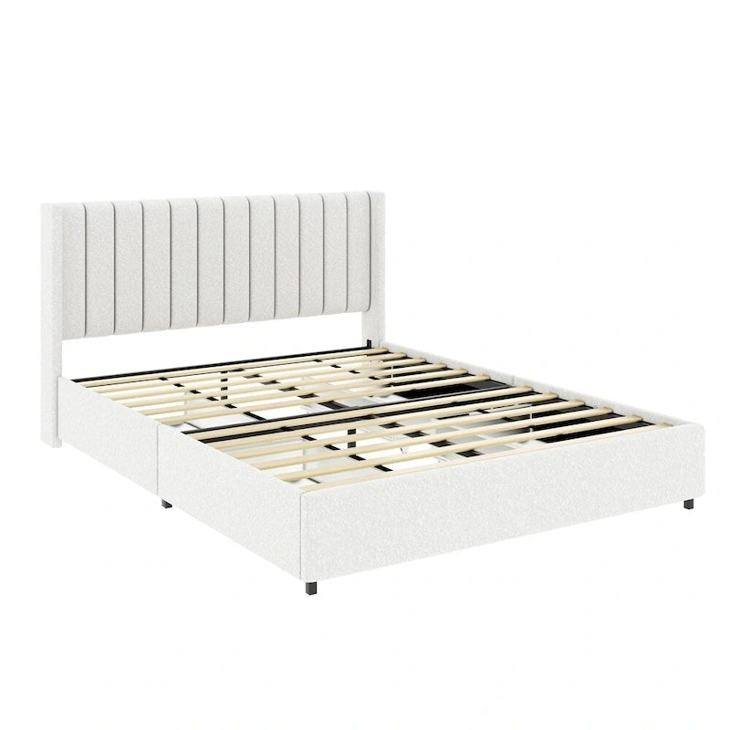 Ivory Boucle Upholstered Platform Bed with 4-Drawer Storage