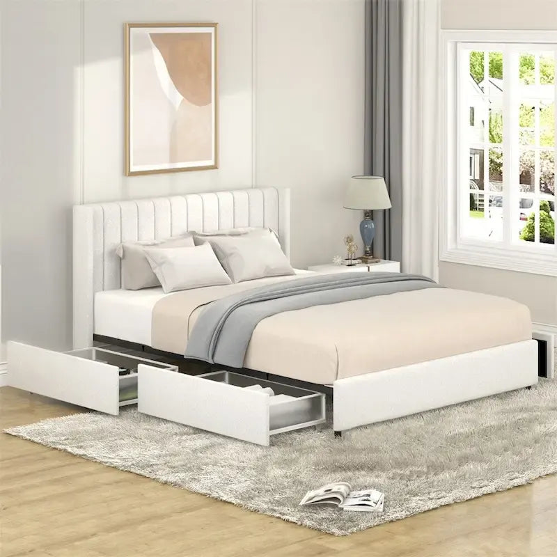 Ivory Boucle Upholstered Platform Bed with 4-Drawer Storage