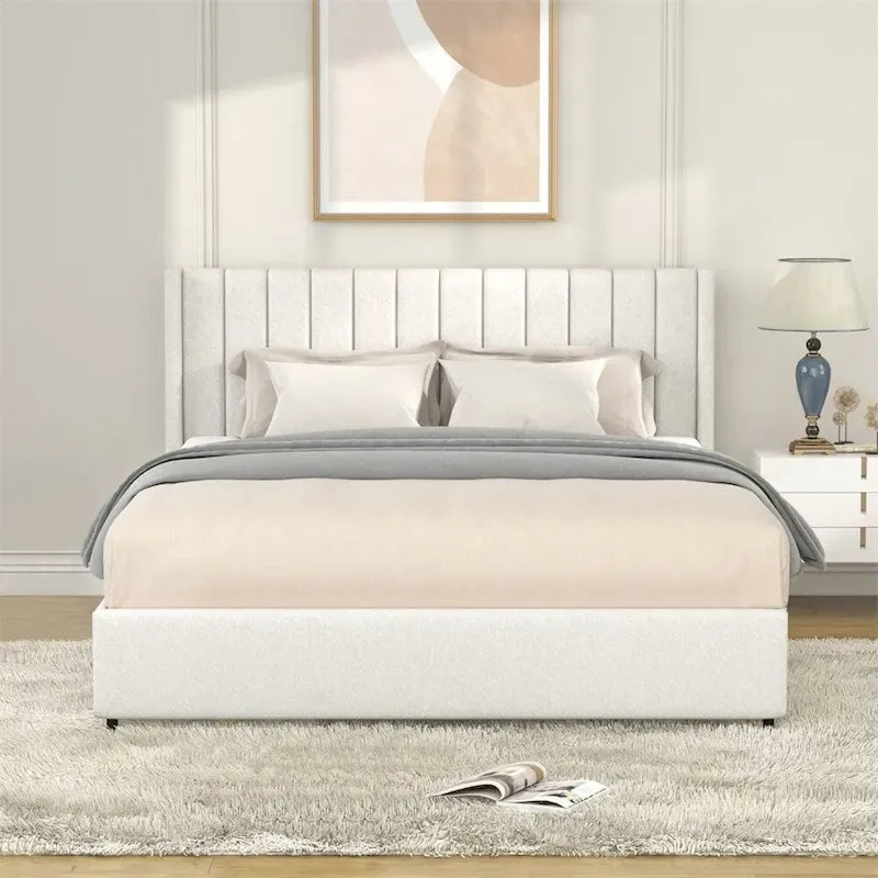 Ivory Boucle Upholstered Platform Bed with 4-Drawer Storage