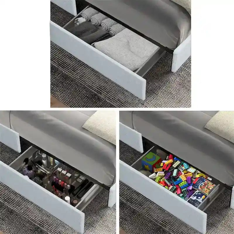 Ivory Boucle Upholstered Platform Bed with 4-Drawer Storage