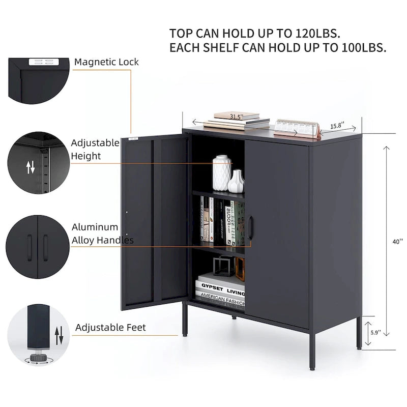 2-Door Metal Storage Locker Cabinet with Adjustable Shelves