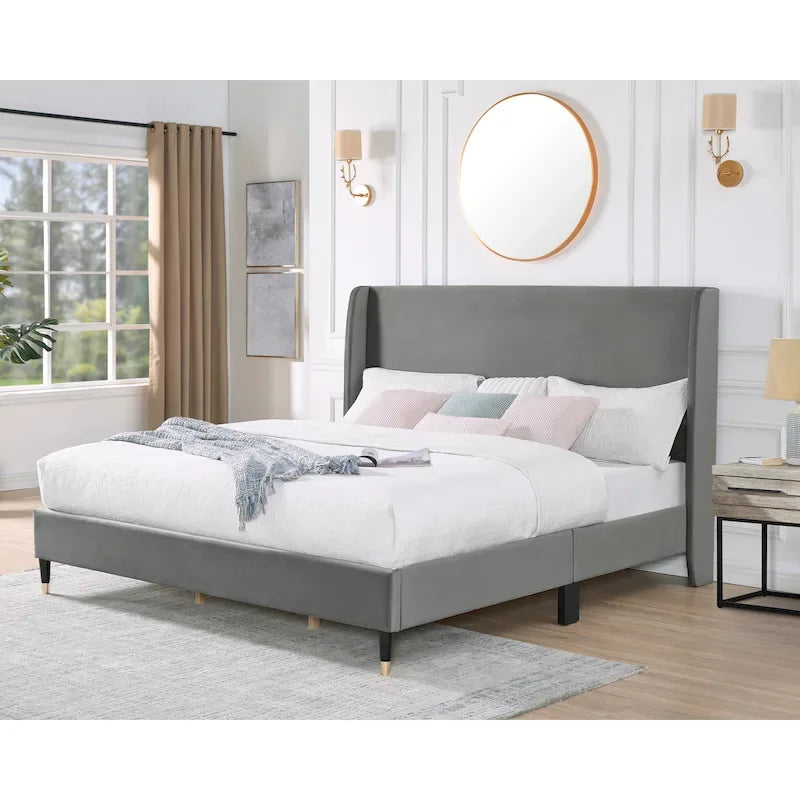 Gray Velvet Wingback Platform Bed – King Size