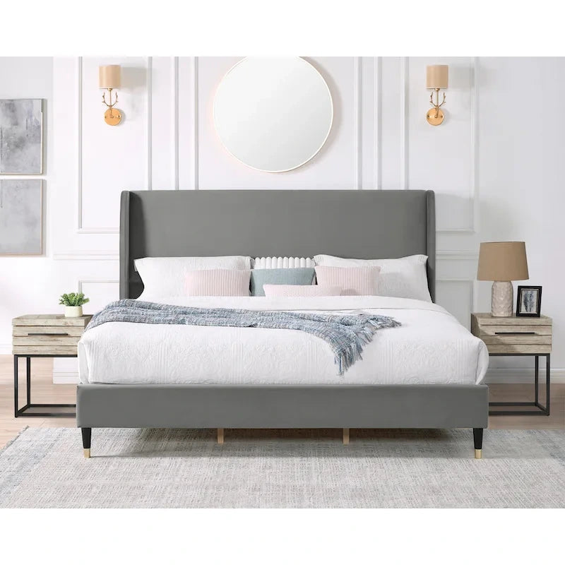 Gray Velvet Wingback Platform Bed – King Size