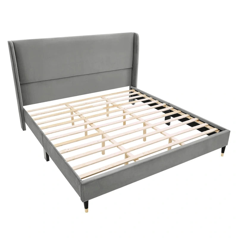 Gray Velvet Wingback Platform Bed – King Size