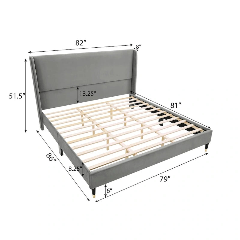 Gray Velvet Wingback Platform Bed – King Size