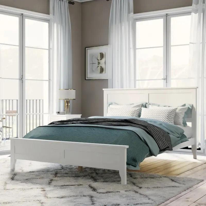 White Solid Pine Wood Full Platform Bed with Headboard